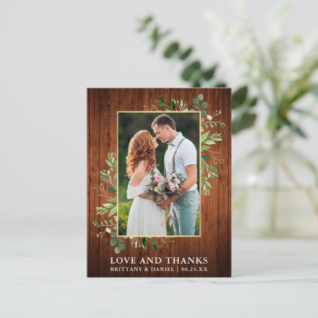 Postal Agua Eucalyptus Madera Boda Amor Gracias (Anverso de pie)