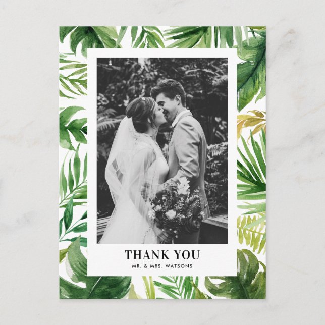 Postal Agua, hojas tropicales, Boda fotográfico, gracias (Anverso)