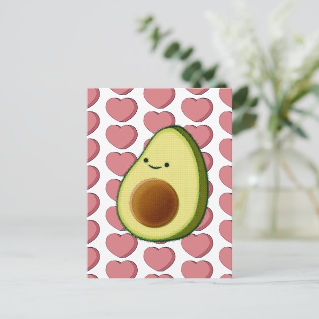 Postal Aguacate verde lindo en corazón rojo San Valentín (Anverso de pie)