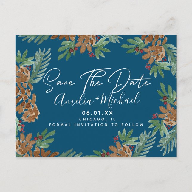 Postal Aguamarina de Navidad con Piñas Save the Date (Anverso)