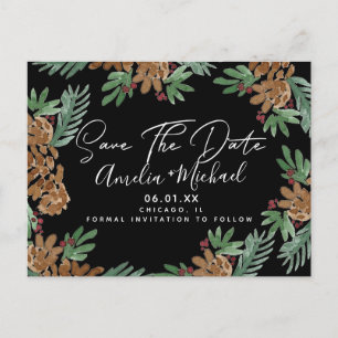 Postal Aguamarina de Navidad Piñas Negro Guardar la Fecha