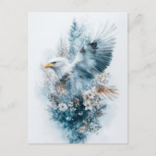 Postal Aguarela Águila Blanca en Vuelo con Flor Blanca