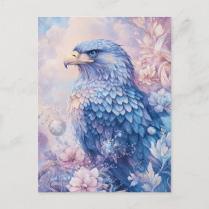 Postal Águila Azul con Flor Rosa y Púrpura