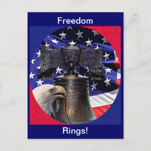 Postal Águila calva americana, campana y bandera