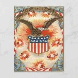 Postal Águila calva bandera americana escudo fuegos artif