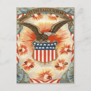 Postal Águila calva bandera americana escudo fuegos artif