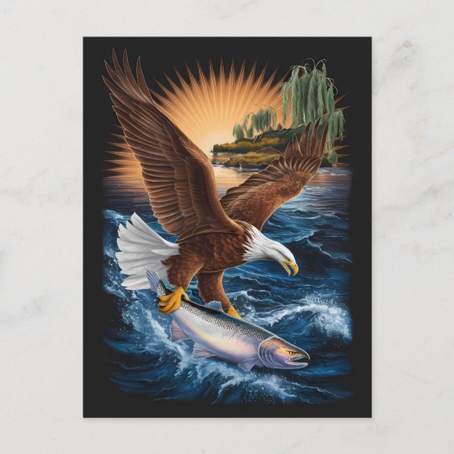 Postal Águila Majestuosa Volando Sobre Peces Debajo (Anverso)