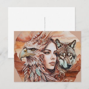 Postal Águila - Mujer - Lobo - acuarela arte 1 - Diversió