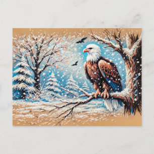 Postal Águila sentada en un árbol durante nevada en invie