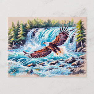 Postal Águila volando frente a la cascada Pastel Chalk