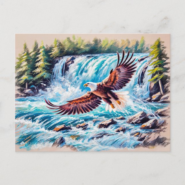 Postal Águila volando frente a la cascada Pastel Chalk (Anverso)