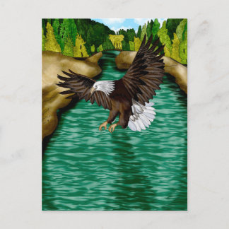 Postal Águila volando sobre el río en las montañas