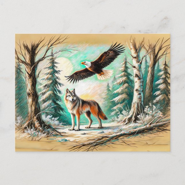 Postal Águila y lobo en el dibujo de la talla del Pastel  (Anverso)