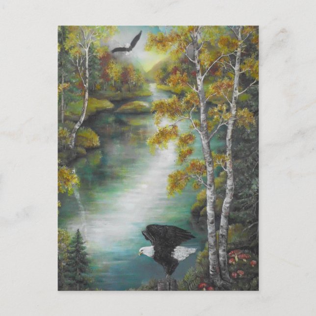 Postal Águilas en la pintura al óleo del lago montañoso d (Anverso)