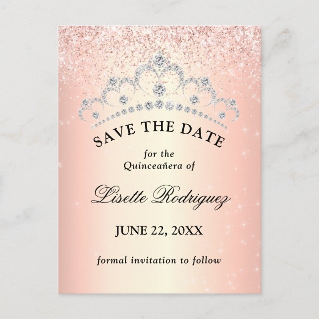 Postal Ahorra la Fecha Quinceañera en Rosa Dorado (Anverso)