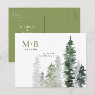 Postal Ahorre la fecha del monograma verde musgo del bosq