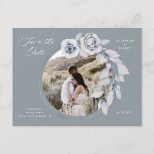Postal Ahorre la fecha floral acuarela azul invierno mela