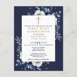 Postal Ahorro de fecha de Primera Comunión Floral Azul Ma