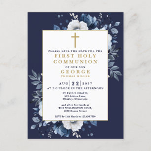 Postal Ahorro de fecha de Primera Comunión Floral Azul Ma