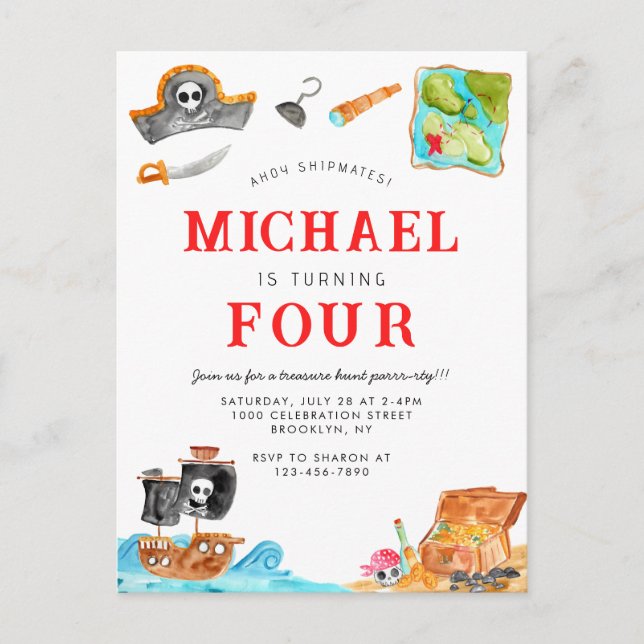 Postal Ahoy Shipmates Treasure Hunt Ship Pirate Cumpleaño (Anverso)