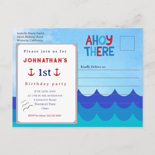Postal Ahoy There Nautical Theme 1st Birthday Party  (Reverso)