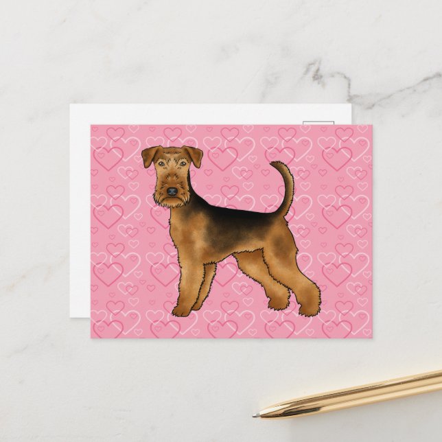 Postal Airedale Terrier Dog Love With Pink Heart Pattern (Anverso/Reverso In Situ)