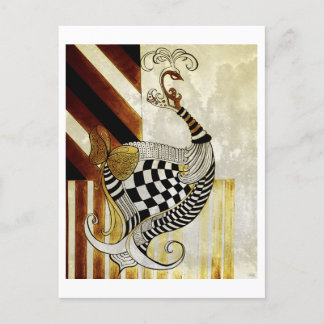 Postal Ajedrez y Bow VINTAGE ilustracion de pavo real rús
