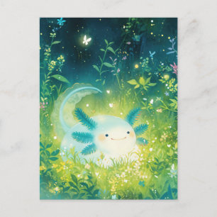 Postal Ajolote Blanco en Jardín Mágico Brillante de Noche
