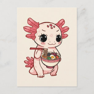 Postal Ajolote lindo y moderno comiendo ramen japonés