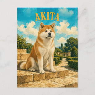 Postal Akita, Arte de Perro con Acuarela Vintage