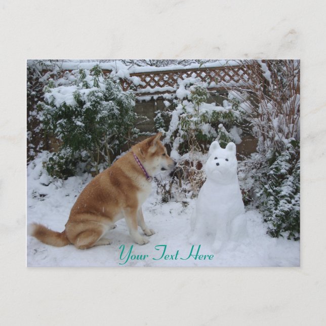 Postal akita lindo en la nieve con un hombre de nieve aki (Anverso)