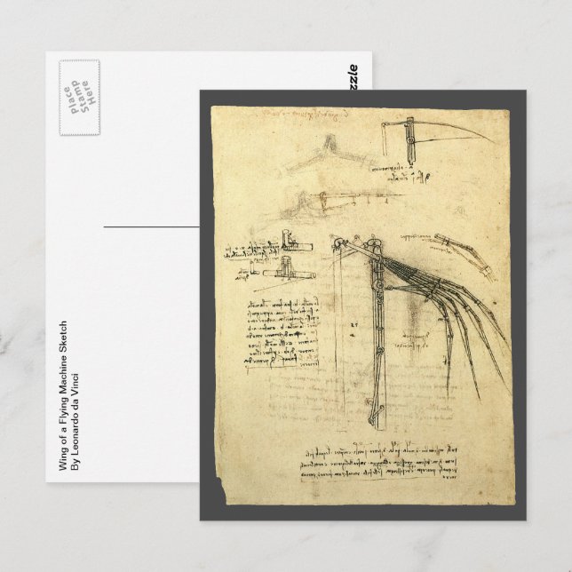 Postal Ala de Leonardo da Vinci en el boceto de la máquin (Anverso / Reverso)