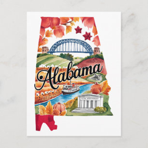 Postal Alabama EE. UU. Estado con forma de acuarela vinta