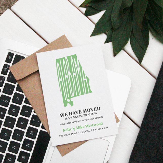 Postal ALABAMA Hemos movido nueva dirección Nueva casa (ALABAMA STATE SILHOUETTE IN GREEN TO ANNOUNCE YOUR MOVING OR RELOCATION IN THIS FANTASTIC USA STATE)