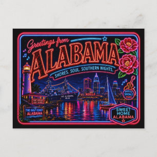 Postal Alabama Neon Estado Retro Vintage