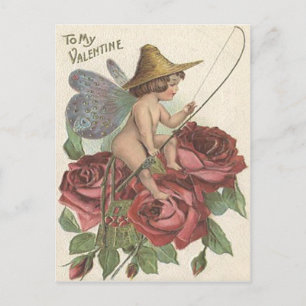 Postal Alas de Mariposa Niña Carrete de Pescar Rosa