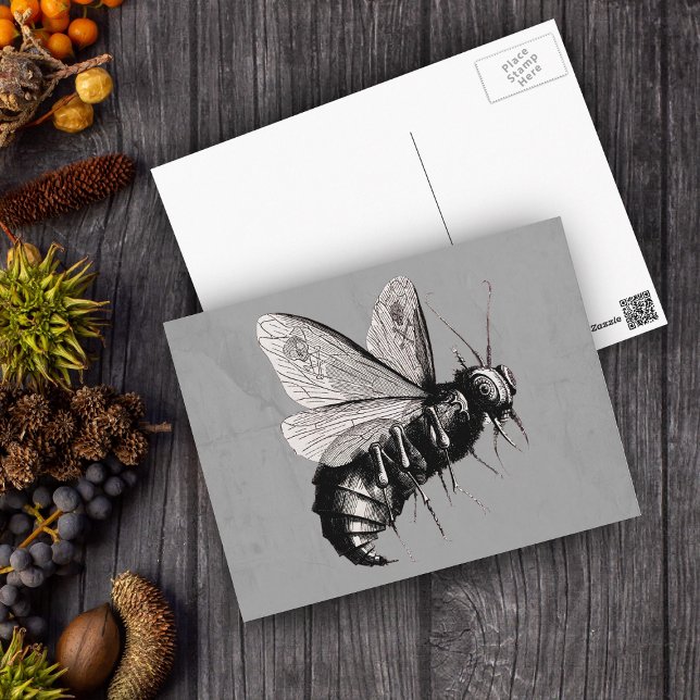 Postal Alas del cráneo de la abeja gótica (Big Gothic black white bee skull crossbones on wings on grey postcard.)