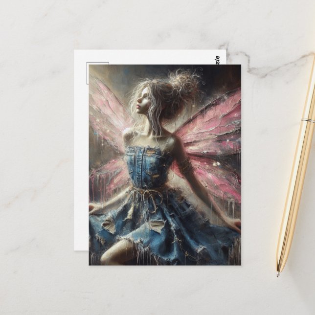 Postal Alas rosadas de Denim Vestidos de Papel de Hadas (Anverso/Reverso In Situ)