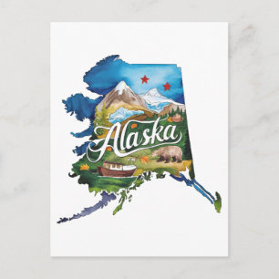 Postal Alaska Estado USA Forma Acuarela Vintage 