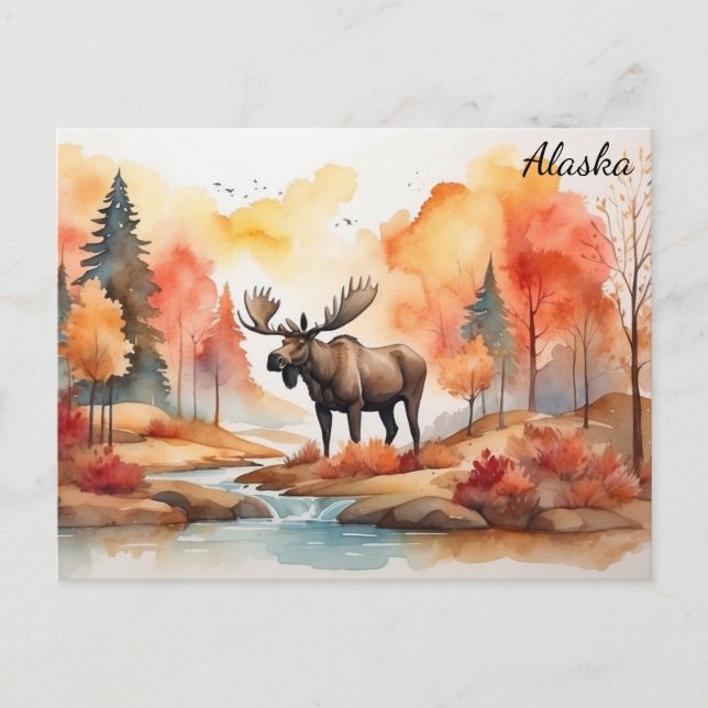 Postal Alaska Fall Nature Watercolor Moose Travel (Anverso)