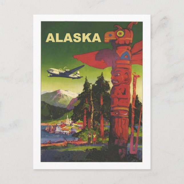 Postal Alaska, totem indio, avión, aerolínea vintage (Anverso)