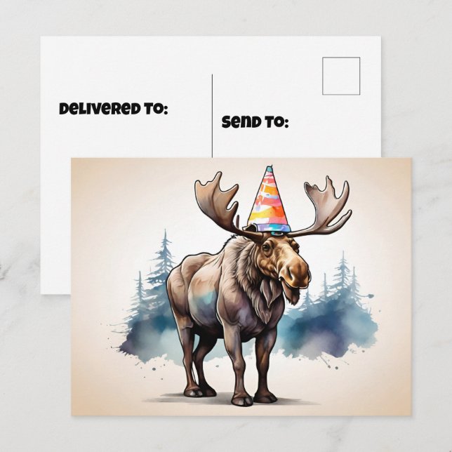Postal Alaskan Moose vistiendo gorra de cumpleaños (Anverso / Reverso)