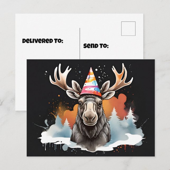 Postal Alaskan Moose vistiendo gorra de cumpleaños de con (Anverso / Reverso)