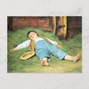 Postal Albert Anker, Schlafender Knabe im Heu