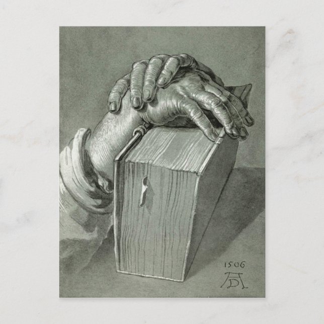 Postal Albrecht Dürer Hand Study con la Biblia (Anverso)