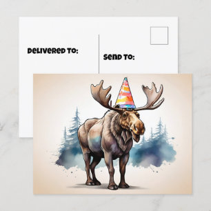 Postal Alce de Alaska con sombrero de cumpleaños