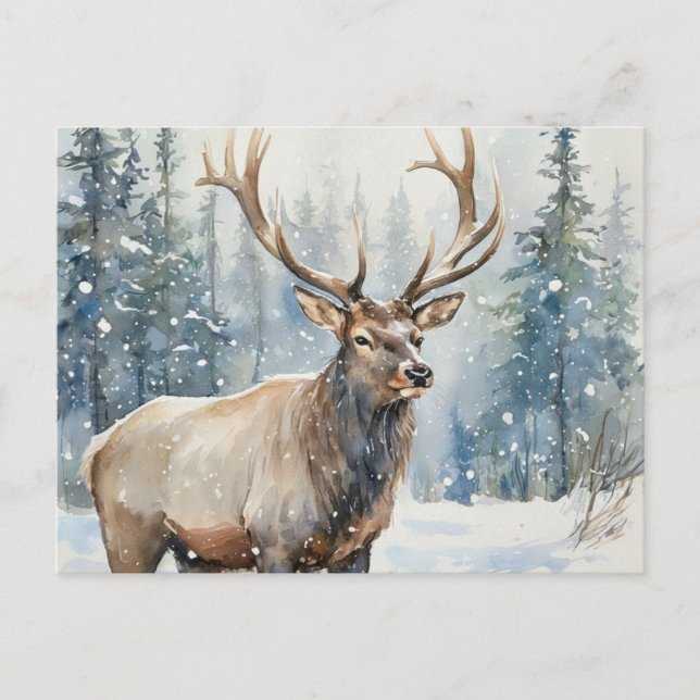 Postal Alce de fauna en acuarela en invierno  (Anverso)