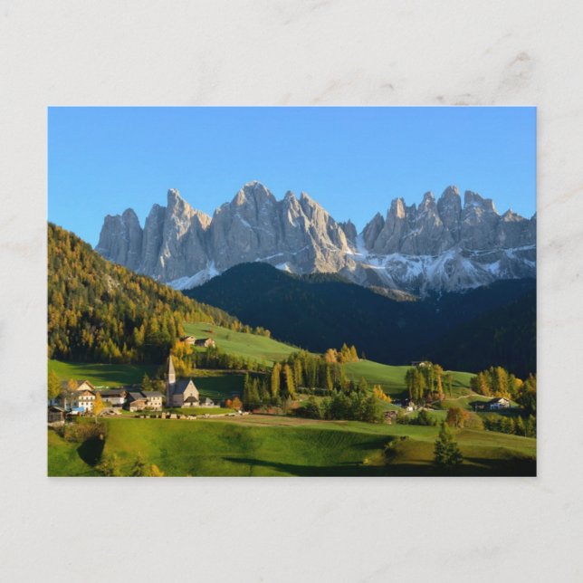 Postal Aldea de los Dolomitas en otoño (Anverso)