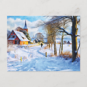 Postal Aldea del mar Báltico en invierno. Hombre caminand