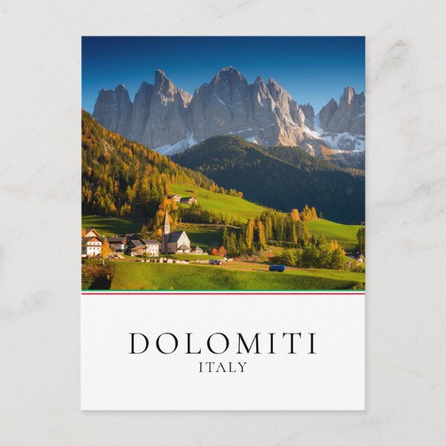 Postal Aldea montañesa de los Dolomitas en otoño (Anverso)